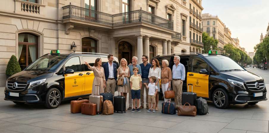 Grupo de viajeros con maletas utilizando un taxi grande Barcelona Mercedes Clase V