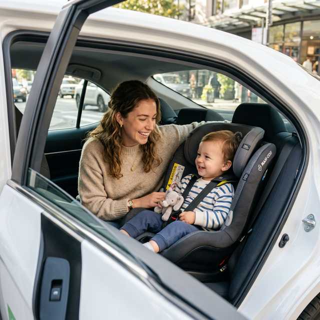 Madre con su bebé en silla infantil viajando cómodamente en un taxi en Barcelona