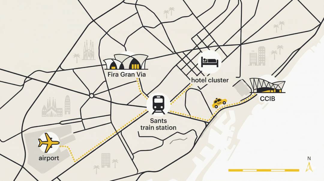 Mapa de rutas de taxi entre aeropuerto, Fira Gran Via, CCIB y hoteles en Barcelona