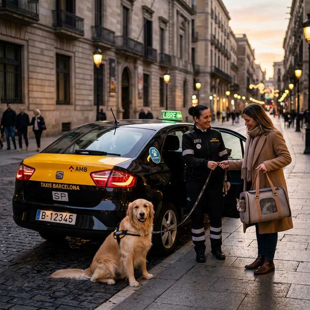 Taxi con mascota en Barcelona: golden retriever con su propietaria junto a un taxi oficial en la calle