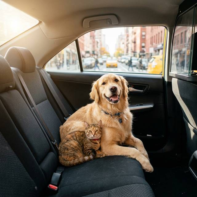 Perro y gato en transportin en el asiento trasero de un taxi con mascota en Barcelona