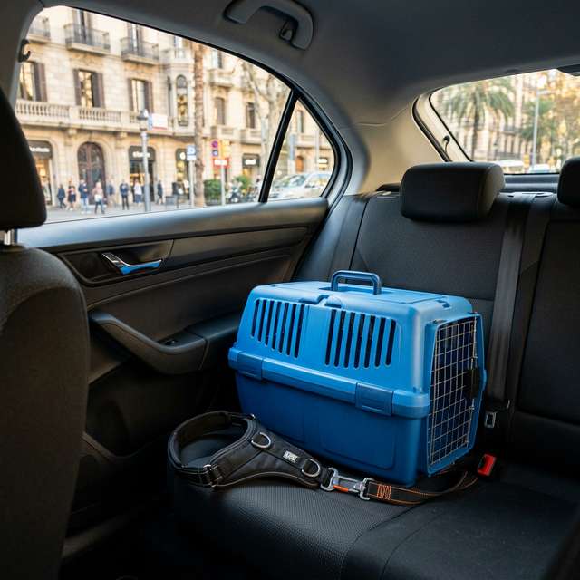 Transportin y arnes de seguridad para mascota en el asiento trasero de un taxi en Barcelona