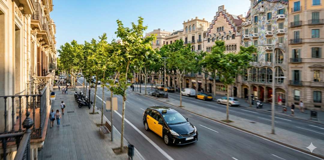 Taxi circulando por Barcelona para servicio de recogida y entrega urgente