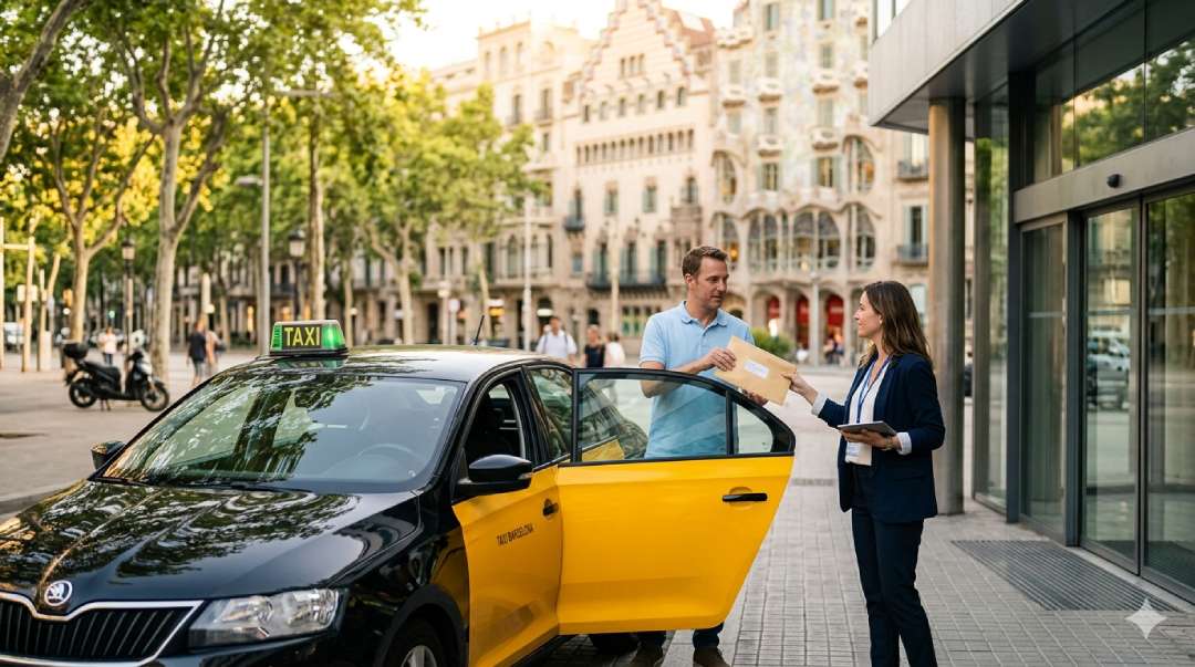 Taxi de Barcelona entregando un sobre urgente en una oficina del Eixample