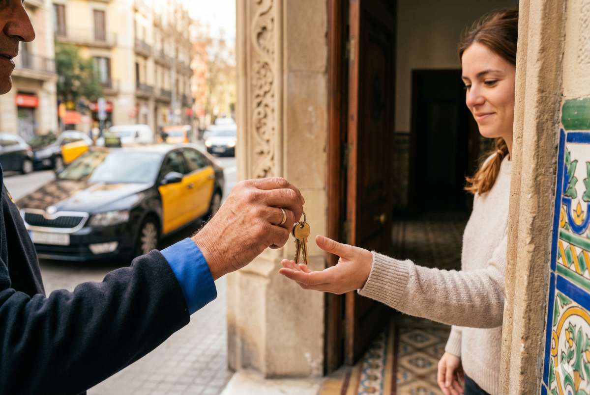 Conductor de taxi entregando unas llaves en un portal de Barcelona