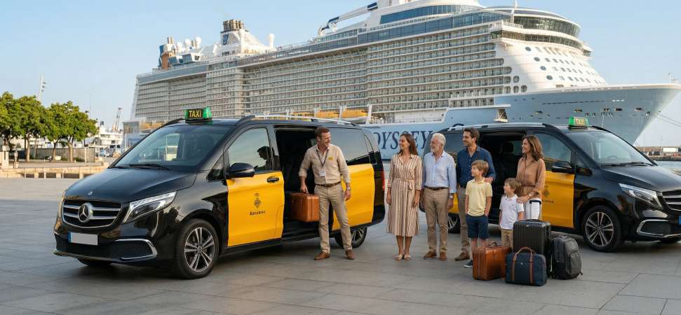 Taxi de Barcelona esperando en el Puerto de Cruceros del Moll Adossat