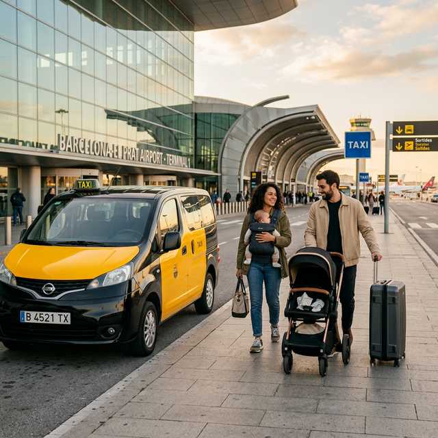Taxi con silla de bebé esperando a una familia en el aeropuerto de Barcelona