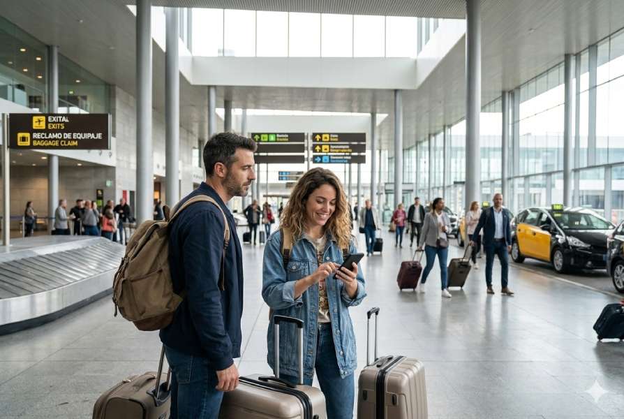 Turistas pidiendo taxi por WhatsApp en el Aeropuerto de Barcelona El Prat