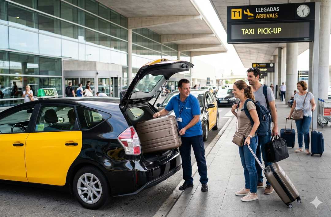 Conductor de taxi oficial esperando a un pasajero en la terminal del Aeropuerto de Barcelona con cartel con su nombre