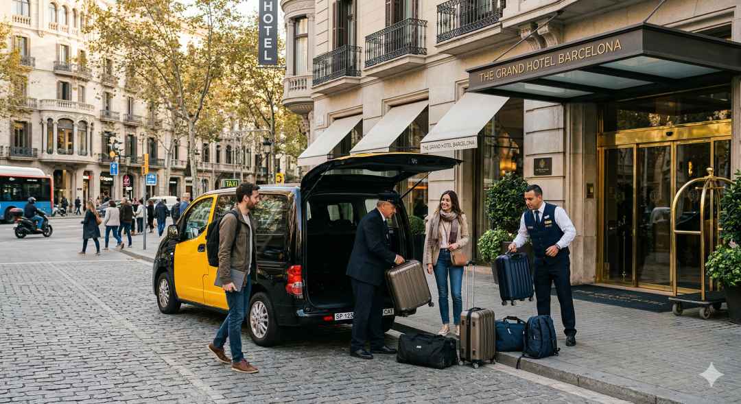 Taxi oficial llegando a un hotel del centro de Barcelona con pasajeros del aeropuerto