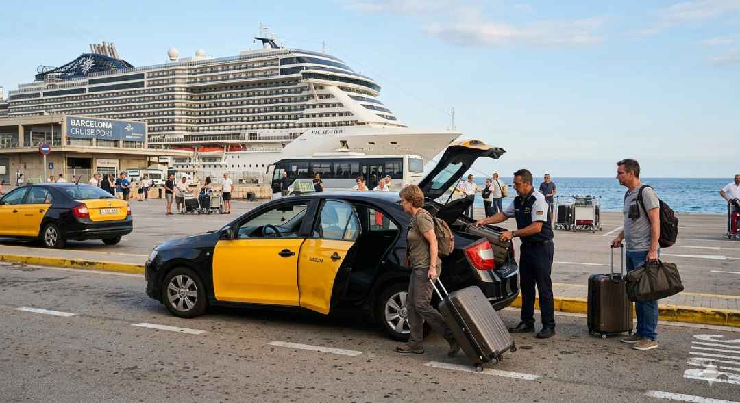 Taxi oficial de Barcelona en la zona del Puerto de Cruceros recogiendo pasajeros del aeropuerto